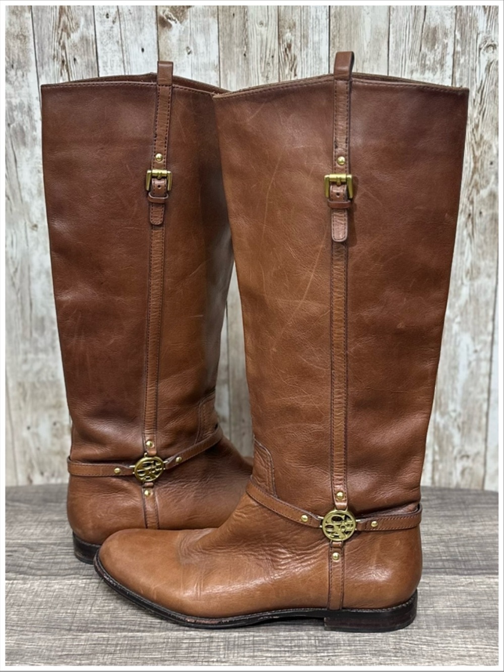 Coach Mulan A4311 Brown Leather Tall Riding Boots Gold Logo ~ Size 10B